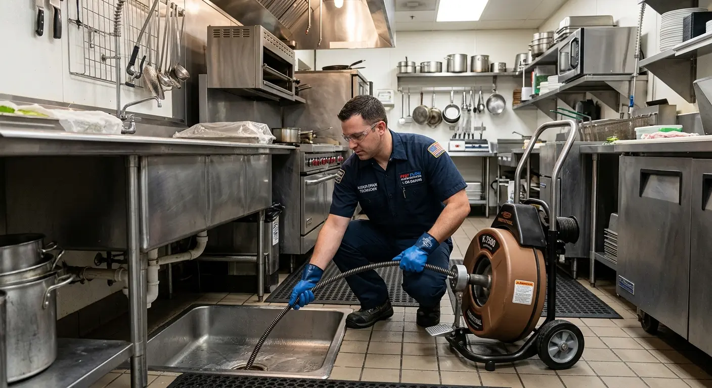 Commercial drain cleaning service in a restaurant kitchen in Cheviot