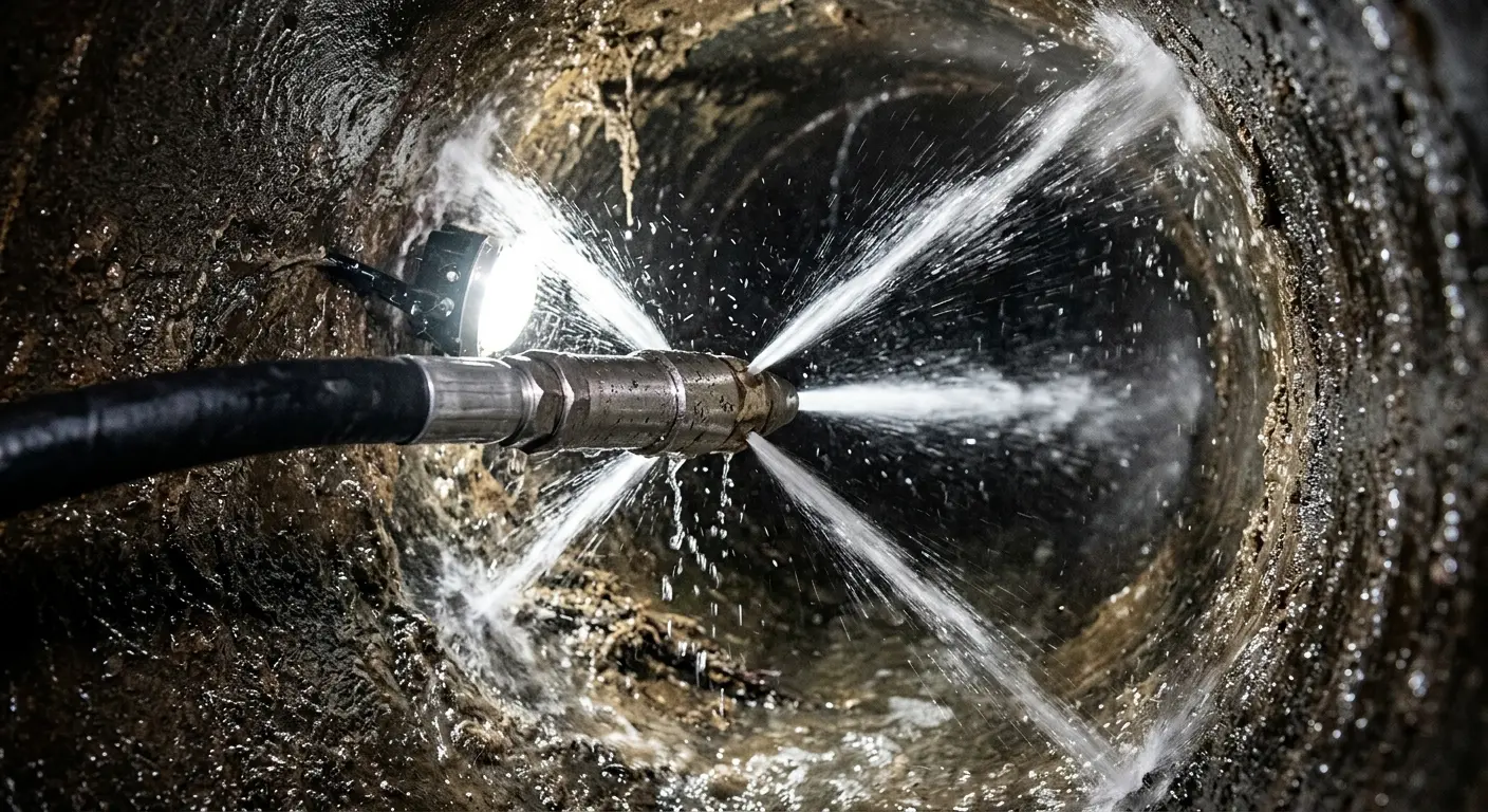High-pressure hydro jetting nozzle cleaning sewer pipe for Sewer Line Relining in Cheviot