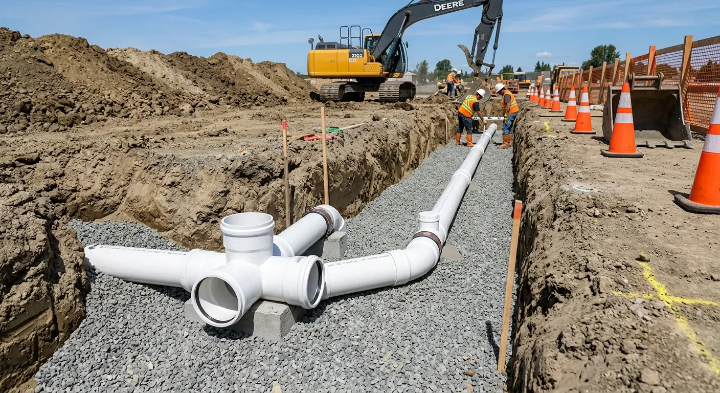New PVC sewer pipe installation in open trench for Commercial Drain Cleaning in Cheviot