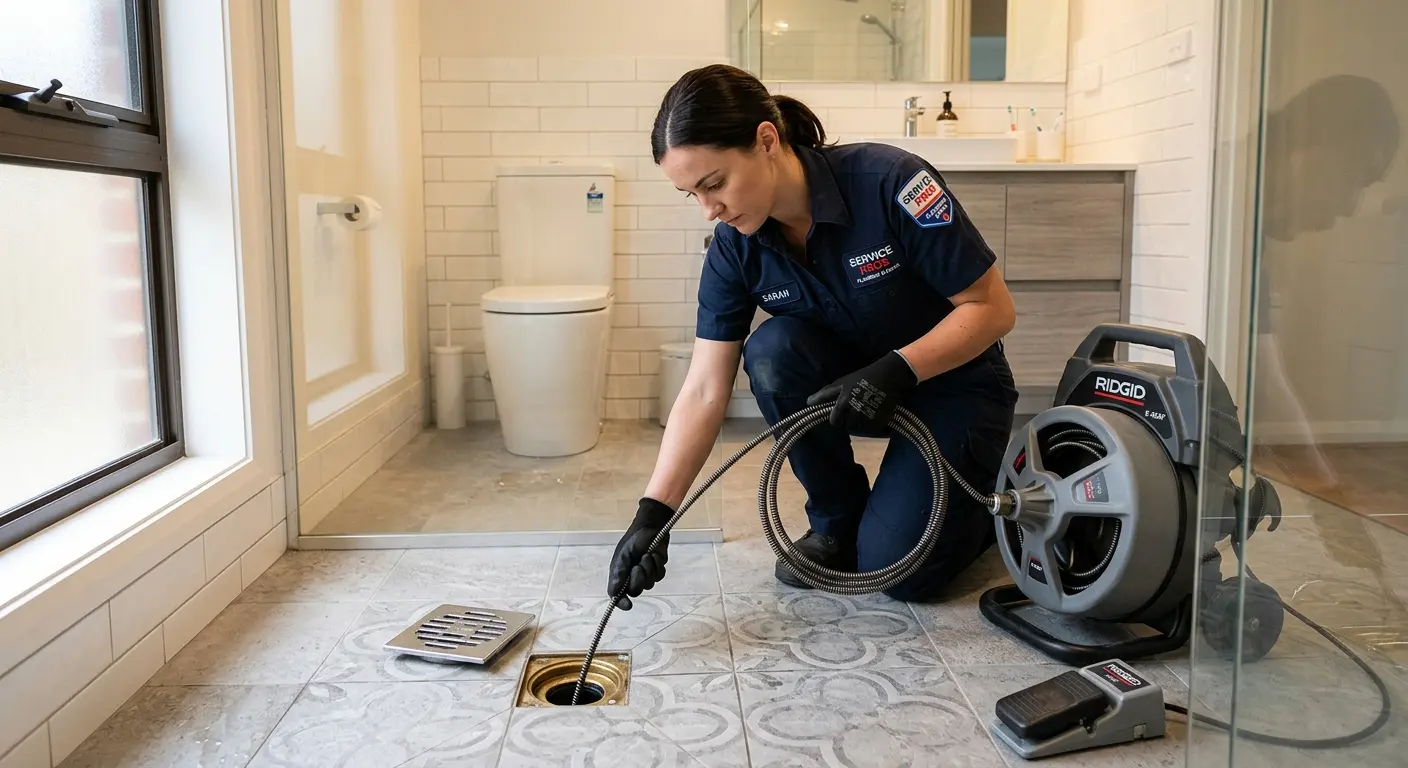 Technician clearing a bathroom floor drain for Drain Cleaning in Cheviot
